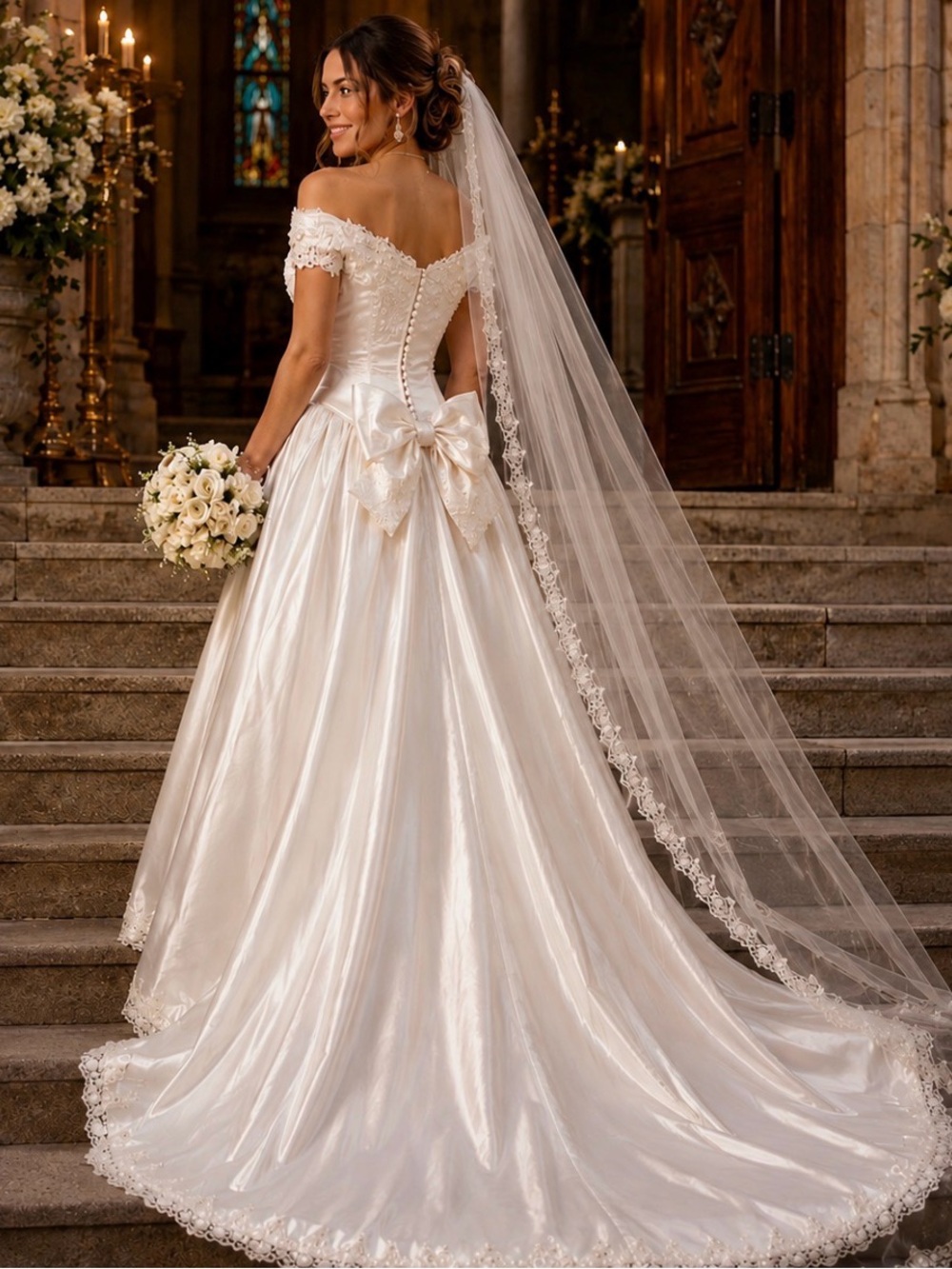 Alfred Angelo Off-Shoulder Ivory Satin Wedding Gown